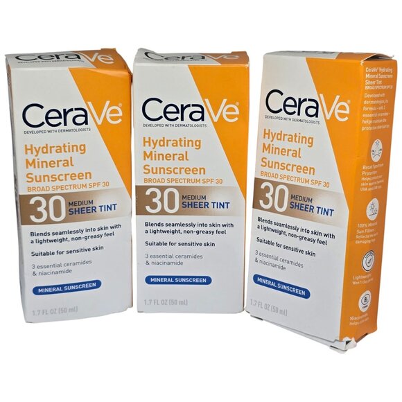 CeraVe Hydrating Mineral Sunscreen SPF 30 Medium Sheer Tint 1.7oz EX 2026 3 Pack - Picture 1 of 10